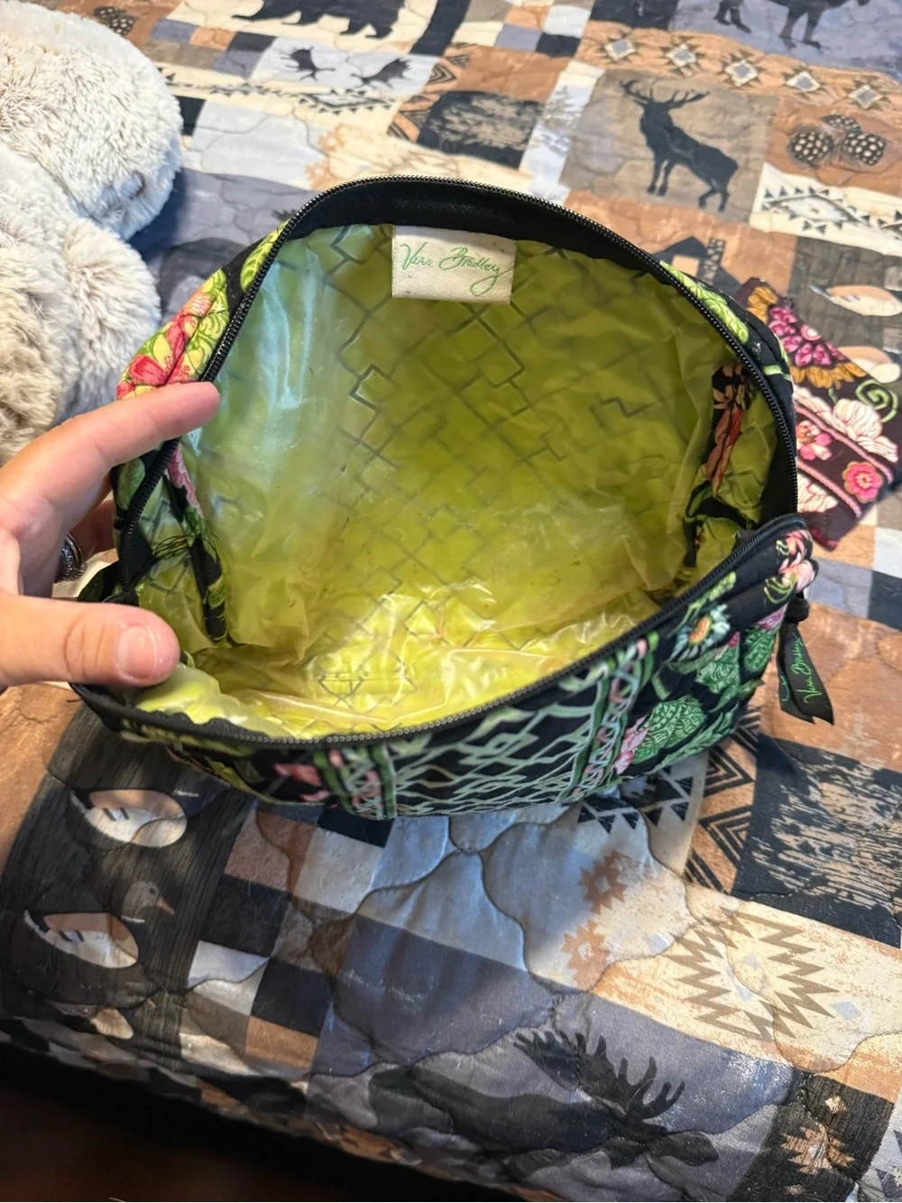 Vera Bradley Black Floral Quilted Cosmetic Pouch with Green Trim